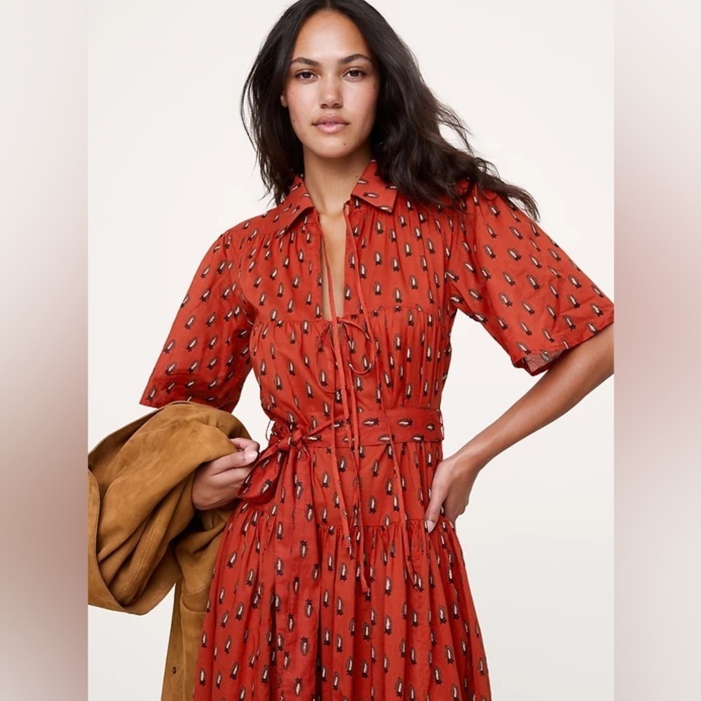 NWT! Banana Republic Spiced Cabernet Paisley Cotton Tie-Front Shirt Dress - ๐ - Picture 3 of 4